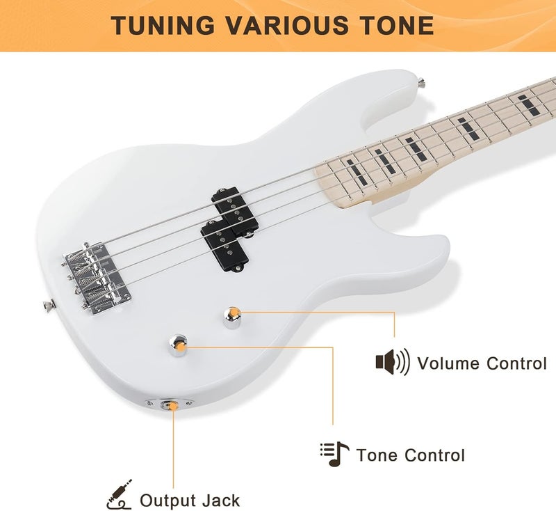 GLARRY GP Series Full Size Electric Bass Guitar 4 String Beginner Kit Canadian Maple Fingerboard with Cable, Strap, Bag and Accessories (White) - Image 4